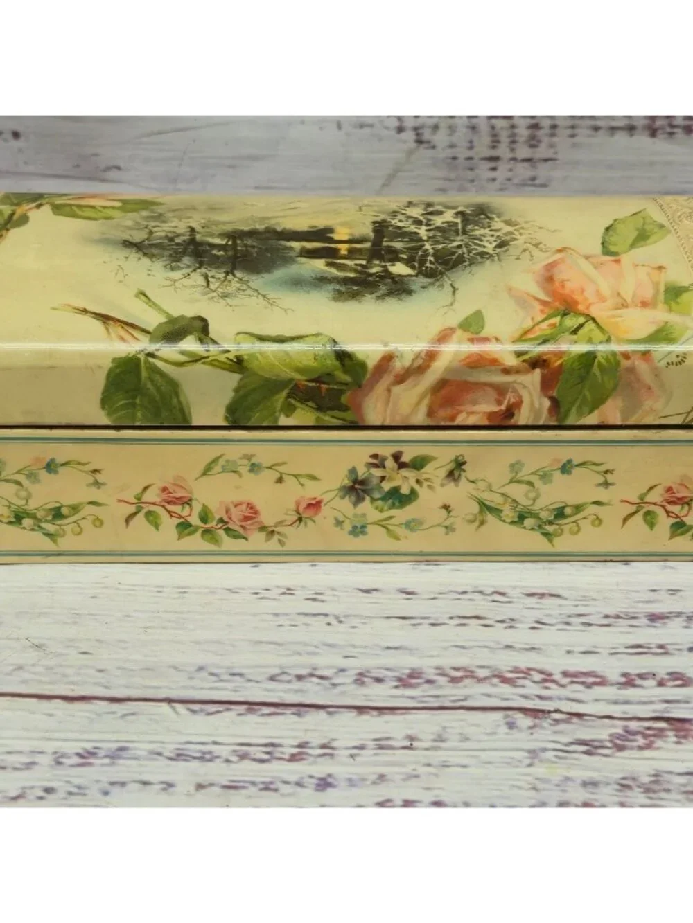 Antique Victorian Celluloid Glove Box Floral & Winter Lithograph Ornate Lock